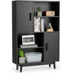 Costway - biblioth�que, �tag�re � 4 niveaux avec 2 portes, meuble de rangement avec patins anti - rayures ...