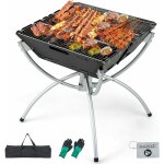 Costway - brasero extrieur pliable au charbon de bois, foyer portable 3 en 1 grilles en acier inoxydable ...
