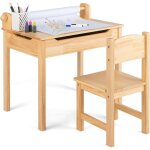Costway bureau enfants avec tabouret & plateau rabattable, table � dessin en pin polyvalent avec rouleau ...