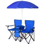 Costway chaise de camping pliante 2 places en pvc avec poche isotherme, porte - gobelet, parasol, accoudoirs ...