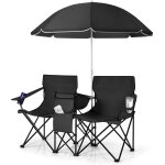 Costway chaise de camping pliante, fauteuil de jardin 2 places avec glaci�re, porte - gobelet, parasol, ...