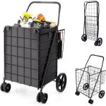 Costway - chariot de courses pliable � 4 roues, caddie de courses � double panier, chariot avec structure ...