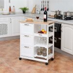 Chariot de service cuisine, desserte avec roulette universelle et plateau en bois, 2 etagre de rangement, ...