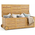 Costway coffre de rangement 182l en bois d'acacia avec charni�re en m�tal, coffre de jardin � roulettes ...