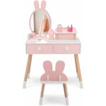 Costway coiffeuse enfant 2 en 1 avec miroir en forme lapin, table de maquillage en bois avec tabouret ...