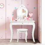 Costway coiffeuse pour enfant avec miroir, inclus de table de maquillage et detabouret, dessus amovible, ...