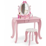Costway coiffeuse pour enfant avec tabouret, table maquillage en bois avec miroir rotatif ovale, tiroir ...