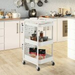 Costway desserte � roulettes 3 niveaux en acier anti - rouille avec 2 panneaux p erfor�s, 4 crochets, ...