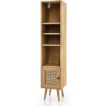 Costway - meuble colonne de rangement avec porte rotin et pieds en bois massif, meuble de salle de bain ...