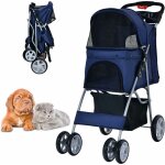 Costway poussette pour animaux pliante 4 roues avec fen�tres en filet, porte - gobelet et panier de rangement ...