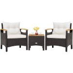 Costway - salon de jardin en rotin - 3 pices - table basse et 2 fauteuils avec coussin amovible - accoudoirs ...