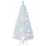 Costway sapin de no�l artificiel � fibre optique pr� - �clair� 150 cm, blanc avec feuilles iris�es, lumi�res ...