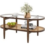 Costway - table basse bois, table basse salon ovale, cadre en bois courb�, design cannage en rotin pe, ...