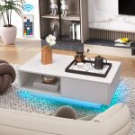 Costway - table basse laqu�e led 20 couleurs, table basse blanche avec grand tiroir et compartiment, ...