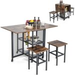 Costway table cuisine rabattable, table extensible  roulettes avec 2 tabourets, table cuisine 6 personnes ...