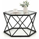 Costway - table salon basse avec plateau en verre tremp, table d'appoint hexagonale avec espace de rangement ...
