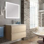 Meuble de salle de bain simple vasque - 2 tiroirs - bambou (chne clair) - balea et miroir led veldi ...