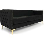 Cotecosy ? canap� droit 3 places capitonn� en velours noir ? assise moelleuse ? pieds dor�s en m�tal ...