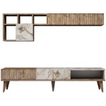 Cotecosy ? ensemble meuble tv en bois de noyer et blanc effet marbre ? dimensions 180x40x35 cm ? 2 portes ...