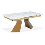 Table � manger extensible icaria en verre effet marbre blanc et pieds or