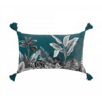 Douceur d'intérieur - coussin déhoussable en coton avec pompons et imprimé végétal isibelle - bleu - ... Douceur d'intérieur - coussin déhoussable en coton avec pompons et imprimé végétal isibelle - bleu - ...