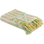 Couvre - lit d�coratif motif ray� et frange 130 x 170 cm jaune et vert nuwar