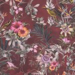 A. s. creations - papier peint floral rose et orange sur fond bordeaux tapisserie feuillage � motifs ...