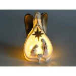 Crche de nol en cramique blanche et dtails dors avec lumires led, 10, 5 x 9 x 18 h.