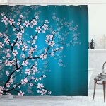 Japonais rideau de douche, motif sakura bloom, tissu ensemble de dcor de salle de bain avec crochets, ...