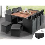 Cuba - salon de jardin encastrable 10 places - en rsine tresse - noir avec coussins gris + housse de ...