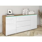Buffet commode 2 portes 3 tiroirs ch�ne et blanc avec led -