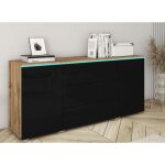Buffet commode 2 portes 3 tiroirs ch�ne et noir avec led - alexia