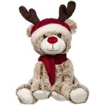 Dco de nol peluche ours brun avec bonnet et bois de renne h 35 cm - feeric christmas