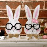 D�coration de p�ques : centre de table en bois repr�sentant un couple de lapins joyeux, un adorable lapin ...