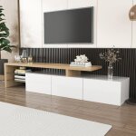 Okwish - meuble tv blanc brillant avec aspect bois, tagres en verre et clairage led, 197x39x42 cm