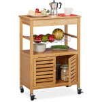 Desserte de cuisine bambou, chariot de service, plan travail, roulettes, hxlxp 82 x 59, 5 x 35 cm, nature ...