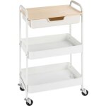 Desserte de cuisine chariot de service 2 �tag�res tiroir plateau aspect bois clair acier pp blanc