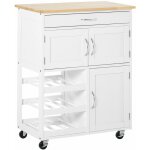 Desserte de cuisine multi rangements 2 placards tiroir casier 9 bouteilles mdf blanc plateau bois caoutchouc ...
