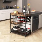 Desserte de cuisine � roulettes � 3 niveaux, chariot avec casiers � vin, 2 plateaux amovibles, charge ...