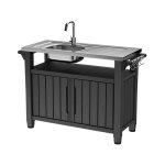 Desserte exterieure unity xl avec �vier, en r�sine effet bois, comptoir en aluminium, graphite - 207l ...