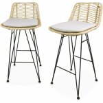 Sweeek - deux tabourets de bar en rotin naturel et m�tal. coussins beiges - cahya