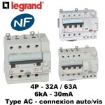 Disjoncteur diffrentiel legrand dx3 32a courbe c 30ma 4 poles type ac - vis / auto