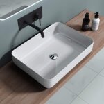 Doporro - lavabo vasque � poser blanc 55cm lave mains en fonte min�rale rectangulaire arrondi 55x40x13cm ...