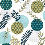 Toile cir�e au m�tre cristal - largeur 140 cm - motifs graphiques, ronds et feuilles - bleu