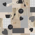 Toile cire au mtre - largeur 140 cm - motifs graphiques et tasses  caf - multicolore