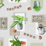Toile cir�e au m�tre - largeur 140 cm - plantes et arrosoir - multicolore