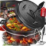 Dutch oven set bbq, mijoteuse, casserole en fonte avec anse pour soulever le couvercle et fente pour ...