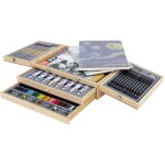 Coffret de peinture 85 pi�ces avec chevalet en bois integr�, 2 tiroirs, 3 blocs � dessin a4, pinceaux, ...