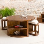 Macabane - lauren - table basse ronde marron 2 tabourets avec coussins crus bois mindi