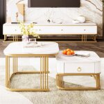 Eifson - lot de 2 tables basses gigognes carr�es, aspect marbre brillant, d�cor dor�, avec un tiroir, ...